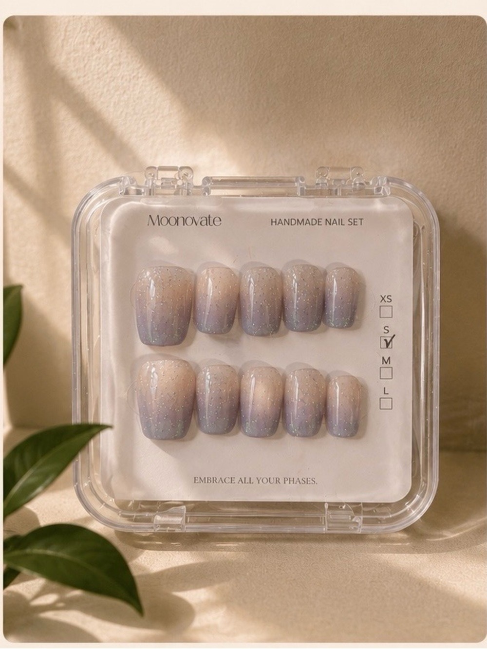 Handmade Ombre Press-On Nails — Nude to Lavender with Shimmer